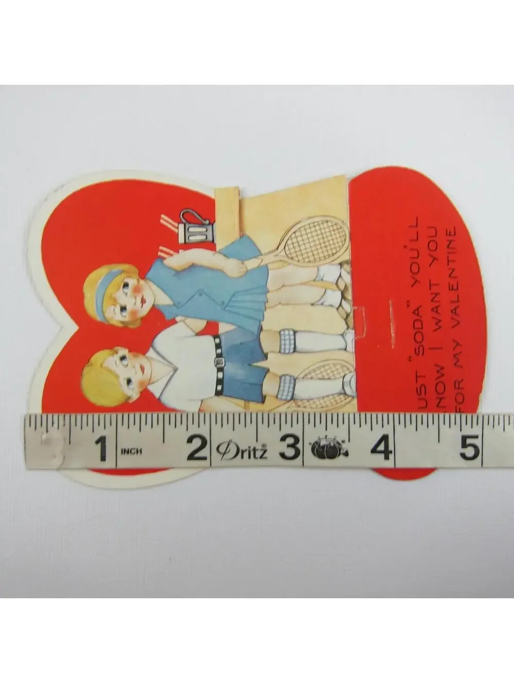Vintage Valentine Die Cut Blonde Girl Boy Tennis Racket Soda Pop Red Heart Stand
